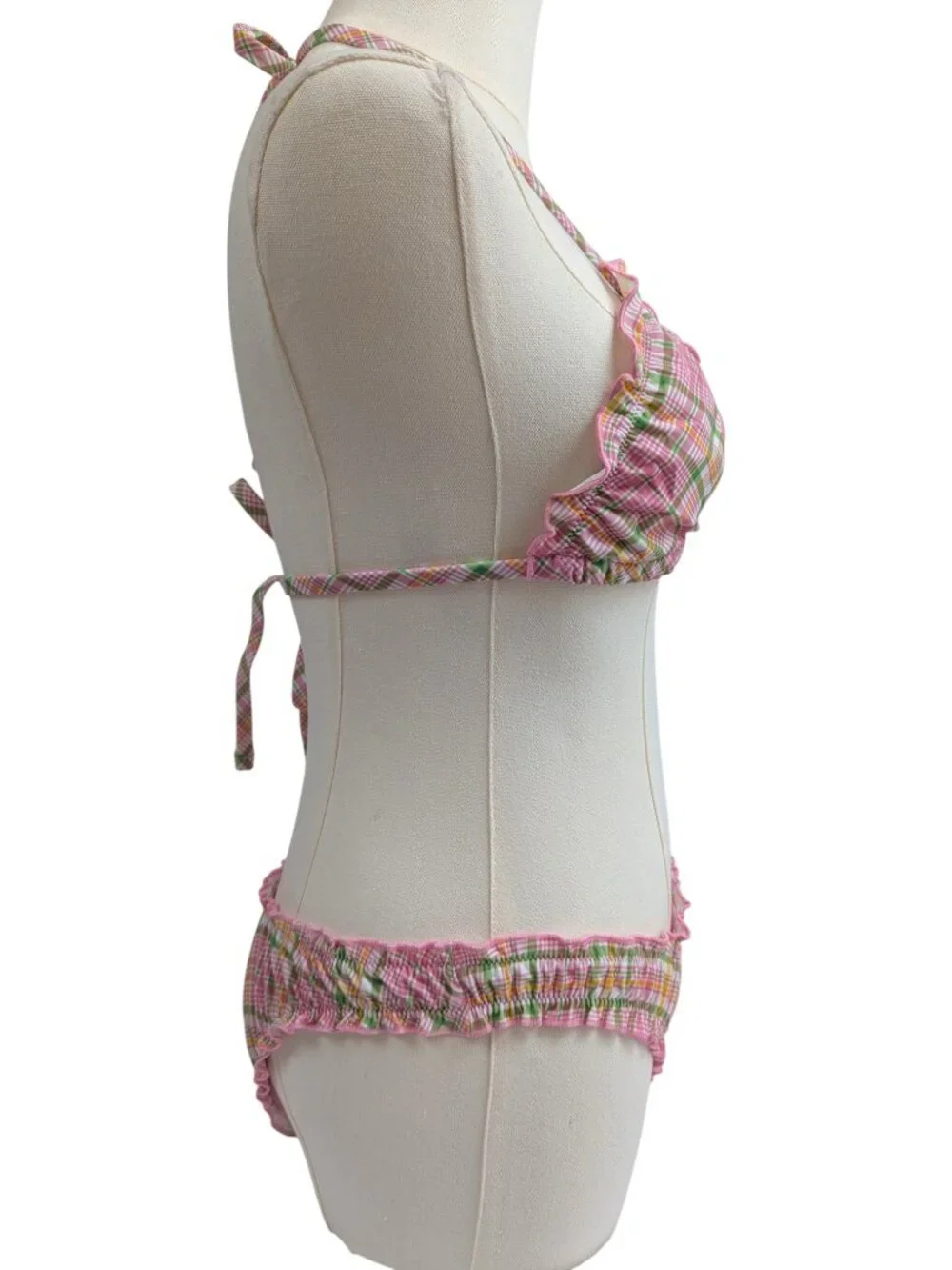 Pink X Frankie's Bikinis Pink Green Bikini Set Strawberry Plaid Ruffle Size M